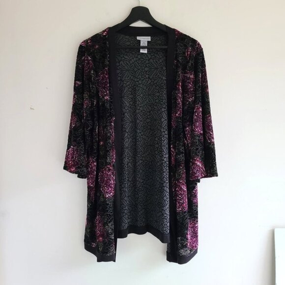 2 Catherines Velour Tops Blouse 14 16W Floral Casual Colorful Open Front Burnout - Picture 2 of 16